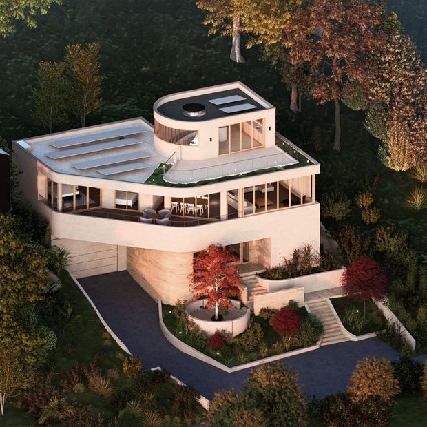 Aerial architectural rendering of a contemporary multi-level residence set within a heavily landscaped, wooded site. The building has sweeping curved forms, extensive floor-to-ceiling glazing, broad planted terraces, a flat roof with multiple skylights, and a rounded upper-level pavilion. Curved paths, retaining walls, planted garden beds, and outdoor terraces surround the home.