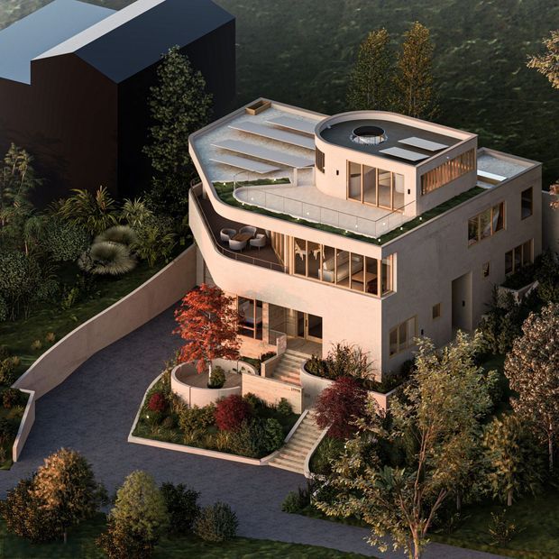 Aerial architectural rendering of a multi-storey contemporary residence on a heavily landscaped, sloping site. The building has rounded corners, curved terraces and balconies, extensive glazing, a flat roof, and a rooftop terrace with a circular roof feature and stepped planted areas. A separate dark geometric structure is visible behind the house, surrounded by mature trees and ornamental planting.
