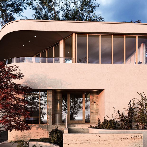 A contemporary two-storey residential facade with a smooth warm peach render, rounded roofline and deep recessed upper terrace. Full-height glazed openings with slender warm-toned frames line the upper level, while the lower level features a recessed timber-framed entry and large windows. A transparent curved balustrade encloses the terrace, with mature planting around the front boundary and steps.