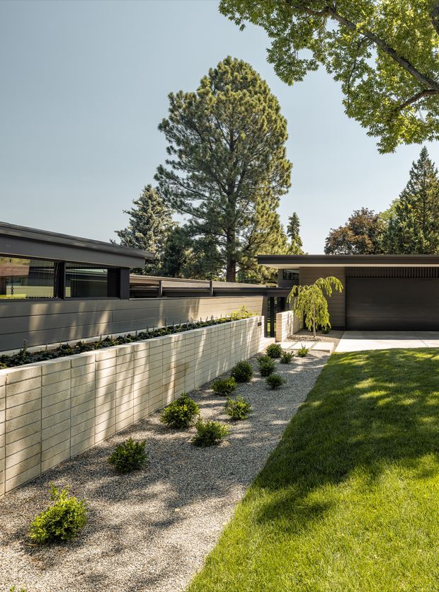Exterior view of a low-profile modern residence and attached garage, set within a landscaped suburban garden. The composition shows horizontal dark cladding, broad glazing, flat rooflines, a light rendered or concrete-block boundary wall, gravel planting beds, clipped shrubs, lawn, and mature trees. Bright daylight and strong shadows emphasize the clean geometric forms and carefully designed landscape.