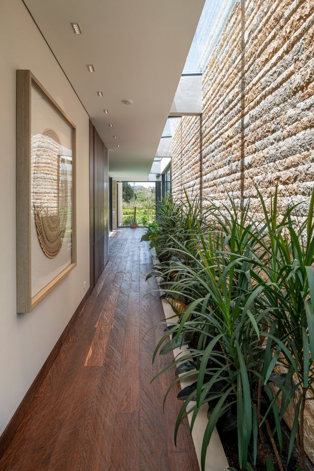 A narrow, refined interior corridor with a warm timber floor, smooth light walls, recessed ceiling lighting, framed wall artwork, and a dramatic textured natural-stone feature wall. Dense architectural planting runs along the stone wall beneath a glazed skylight, creating a bright indoor garden passage leading toward an exterior view.