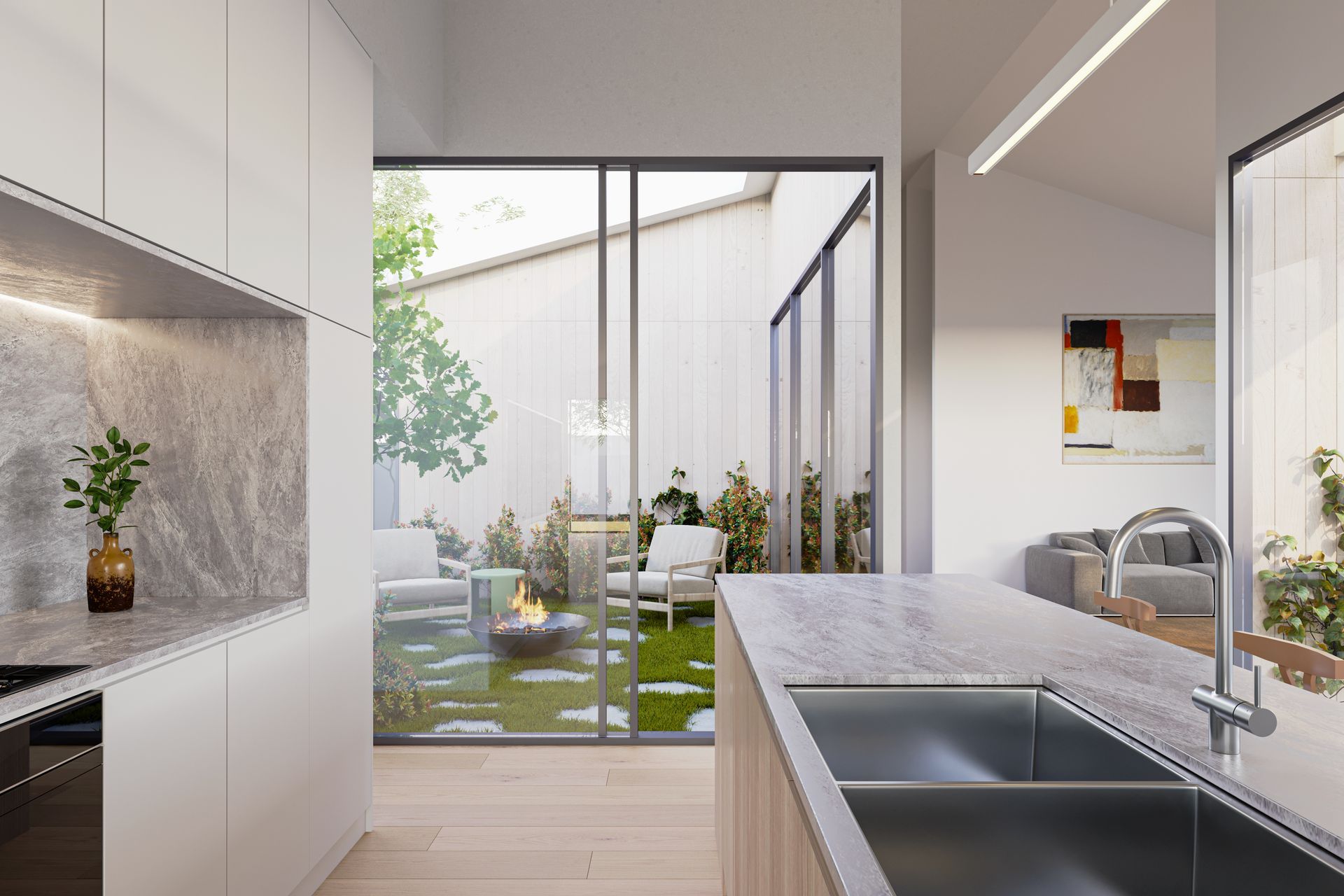  With a series of internal and external courtyards accompanying each key area, Breezeway house naturally draws sunlight and fresh air into the tasteful open plan living areas.