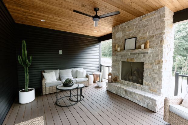 A covered outdoor lounge room with a substantial pale stone fireplace, dark horizontal wall cladding, and a warm timber-lined ceiling. The space includes white wicker seating, nesting coffee tables, a potted cactus, and a ceiling fan. Timber decking extends toward a partially visible balustrade and wooded setting beyond.