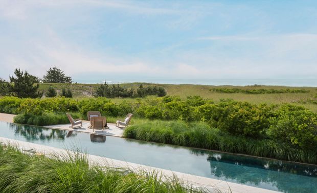 A serene landscaped outdoor pool beside coastal dunes, with loungers on a pale paved pool terrace, dense ornamental grasses and shrubs, and a broad ocean horizon under a blue sky.