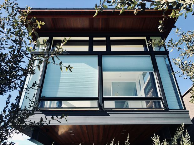 Upward-looking exterior view of a contemporary multi-level building with extensive black-framed glazing, upper clerestory-style windows, projecting roof/eaves, and warm timber soffit lining. Trees partially frame the facade, and blinds are visible behind the glass.
