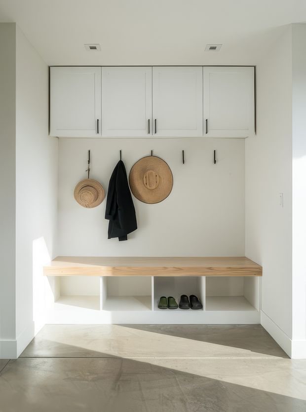 Minimal, bright entryway with a built-in mudroom storage arrangement. White overhead cabinets with slim dark handles sit above wall hooks, a light timber bench, and open shoe-storage cubbies. The space has pale walls, a smooth grey concrete-like floor, recessed ceiling lights, and strong natural sunlight creating geometric shadows.