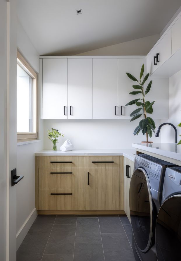 A bright, compact contemporary laundry room with white upper cabinetry, light timber lower cabinetry, dark grey tiled flooring, a white benchtop, integrated washing and drying appliances, a deep sink with a curved black tap, and a tall indoor plant. Natural light enters through a side window, creating a clean and functional atmosphere.