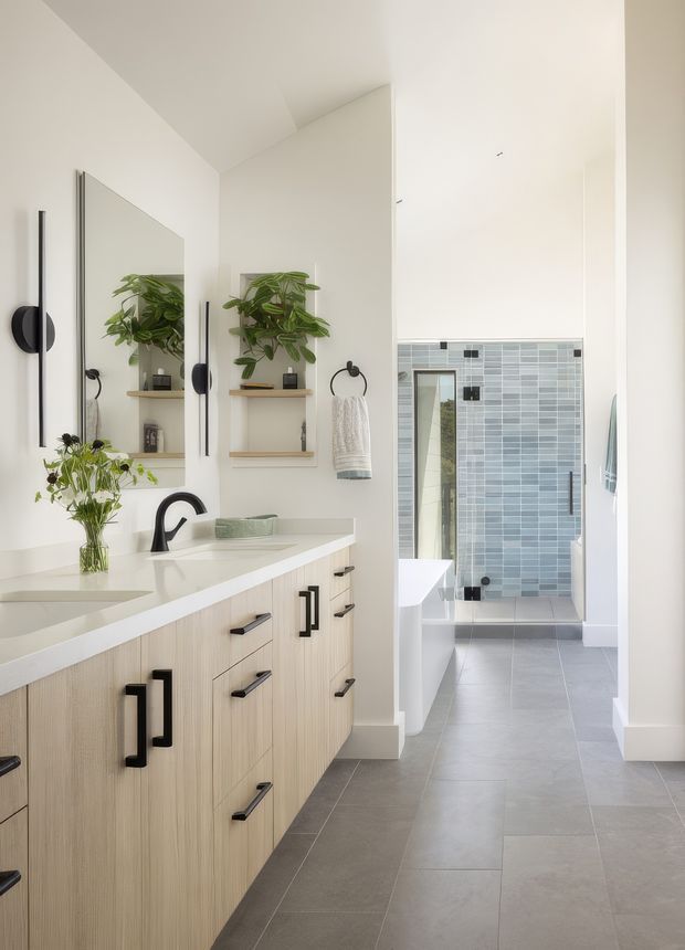 Bright contemporary bathroom with a long double vanity, pale wood-grain cabinetry, white countertop, black fixtures and hardware, wall mirrors, open shelving with plants, and a walk-in shower or wet area beyond. The shower features blue-grey rectangular wall tiles and large grey floor tiles. The room has a clean, airy appearance with a partially vaulted ceiling.