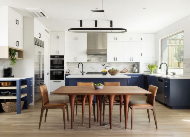 A bright, open-plan contemporary kitchen and dining area with white full-height cabinetry, deep navy-blue lower cabinets, pale timber flooring, and a long timber dining table with mid-century-style chairs. The kitchen includes a large island with seating, integrated appliances, two sinks, a stainless-steel rangehood, marble- or stone-look benchtops, and a large window. Linear pendant lighting and clean, handleless or minimal hardware reinforce the refined modern design.