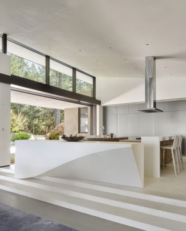 Bright, open-plan contemporary kitchen with a sculptural white island featuring a curved cut-out facade, integrated timber benchtop, stainless steel rangehood, and pale grey cabinetry. Floor-to-ceiling glazing and clerestory windows open toward a landscaped garden, while stepped flooring connects the kitchen to the adjacent living area. Minimal recessed lighting and restrained finishes create a clean, airy interior.