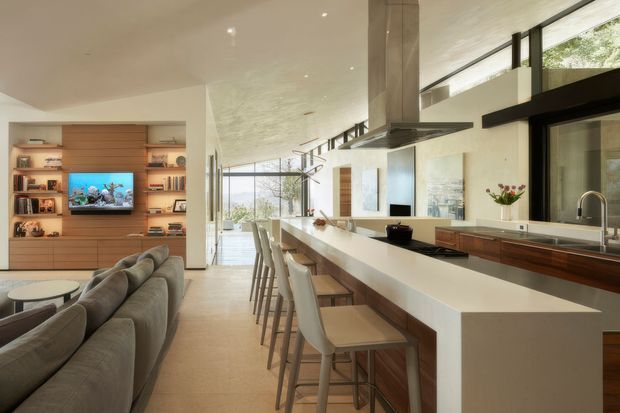 Open-plan contemporary kitchen and living area with a long white island and integrated seating, dark timber cabinetry, stainless-steel rangehood, and a large black-framed window above the sink. A built-in timber entertainment wall and sofa seating occupy the adjacent living zone, while extensive glazing opens toward a bright exterior view.