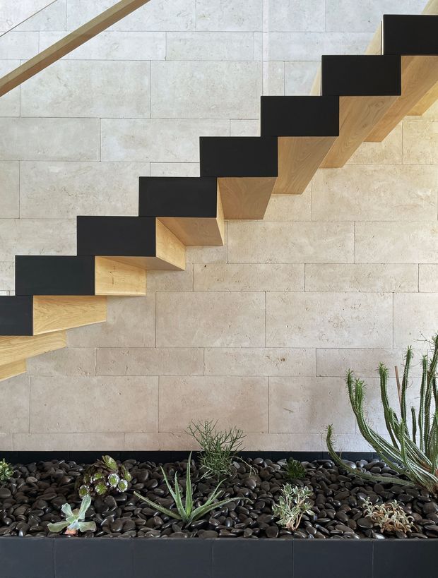 Interior architectural detail showing a floating staircase with black rectangular treads and warm timber undersides, set against a large-format pale stone-tiled wall. A built-in planter filled with dark pebbles and sculptural succulents runs along the base, creating a refined modern feature.
