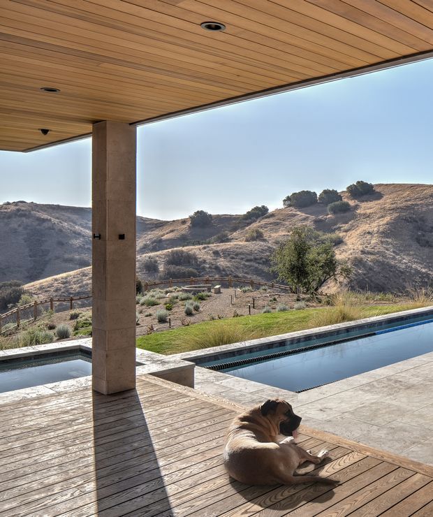 Covered outdoor terrace overlooking a long, narrow swimming pool and landscaped hillside. The terrace has a warm timber slatted ceiling, timber decking, a substantial stone or concrete column, and pale stone paving around the pool. Dry rolling terrain and drought-tolerant planting form the backdrop.