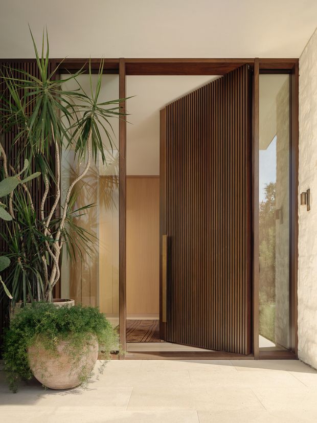 A refined residential entryway viewed from outside, featuring a large pivot door clad in closely spaced dark timber slats, warm timber framing and glazing, a pale textured wall, and a large planted pot in the foreground. The glazed entry reveals a warm timber-lined interior beyond. The composition is calm and natural with strong vertical detailing and indoor–outdoor connection.