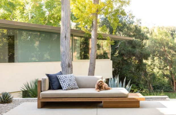 A low modern residence is viewed from an outdoor terrace or courtyard, with extensive floor-to-ceiling glazing, a flat roofline, pale rendered walls, and mature trees integrated closely around the building. In the foreground is a substantial timber-framed outdoor daybed or sofa with neutral cushions, patterned and dark throw pillows, and a small dog. Gravel landscaping, sculptural succulents, and a paved concrete terrace reinforce the calm indoor-outdoor setting.