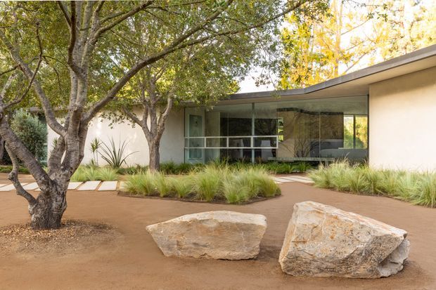 Single-storey modern residence viewed from a landscaped courtyard, with a low horizontal roofline, broad glazed frontage, pale rendered walls, and deep roof overhangs. The foreground features sculptural natural boulders, smooth earthy paving, mature trees, and ornamental grasses, creating a calm, integrated indoor-outdoor setting.