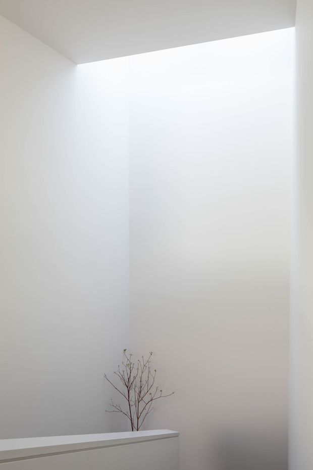 Minimalist interior corner with tall white plastered walls, a plain white ceiling, and a low white half-height partition or balustrade in the foreground. A delicate bare branch arrangement provides the only visible decorative element. The space is bright, sparse, and vertically proportioned, with no identifiable room furnishings.
