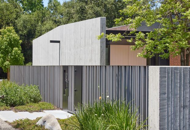 Street-facing exterior view of a contemporary single-storey residence, partially screened by a tall corrugated metal fence and gate. The building features a sharply angled folded roof or wall form clad in pale vertical timber, dark metal framing, warm timber-toned wall panels, and a textured concrete boundary wall. Dense established greenery and native-style landscaping surround the property.