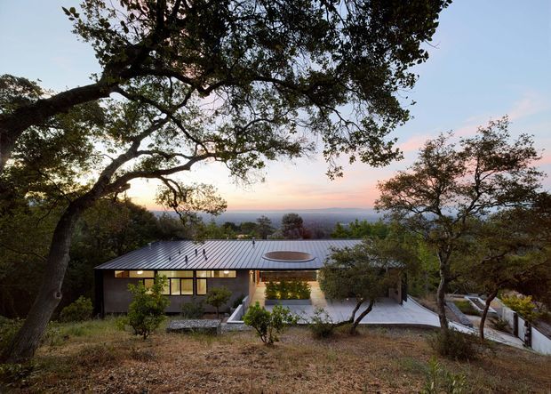A low, single-storey modern residence set into a wooded, sloping site. The house has a dark metal roof with a circular roof opening or skylight, broad glazed openings, and pale exterior walls. Large mature trees frame the home, while a concrete terrace and descending pathway extend around it. The distant horizon is visible beyond the trees at dusk.