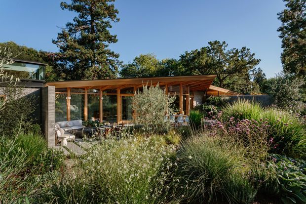 A low-slung contemporary residential pavilion set within a lush naturalistic garden. The home features extensive floor-to-ceiling glazing, warm timber framing and exposed timber roof structure, with a broad shallow overhanging roof and adjoining dark-clad volume. Outdoor seating is visible beneath the covered terrace, surrounded by grasses, shrubs and mature trees.