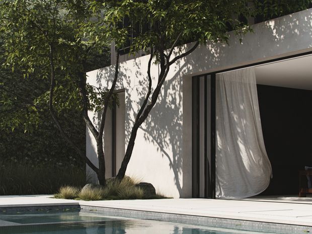 A minimalist modern home exterior opening onto a swimming pool. The scene features a crisp white flat-roofed facade, expansive dark-framed glazed doors with a sheer curtain, pale stone or concrete poolside paving, and integrated landscaping with mature trees and ornamental grasses. Strong sunlight creates dappled shadows across the facade and terrace, giving the image a calm, refined indoor-outdoor atmosphere.