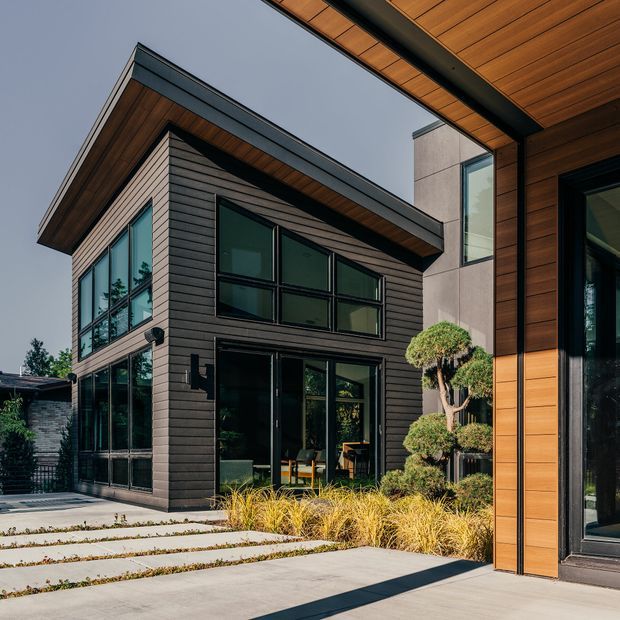 Contemporary two-storey residential exterior viewed from a paved courtyard, featuring dark horizontal cladding, expansive black-framed glazing, warm timber soffits and wall cladding, and a crisp flat-roofed form. Ornamental clipped trees and ornamental grasses soften the modern architecture.