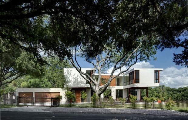 A contemporary multi-level residential house viewed from the street, partially framed by mature trees. The home features crisp white cubic volumes, extensive glazing, warm timber-clad sections, slender dark window and door frames, a flat roofline, and a fenced driveway with an attached garage.