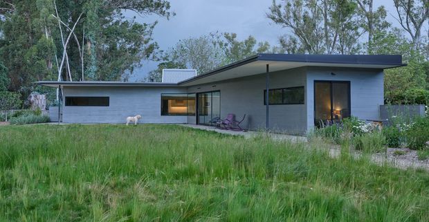 A single-storey contemporary house viewed from the landscaped front yard at dusk. The low horizontal building has pale grey masonry or rendered walls, extensive dark-framed glazing, a broad flat roof with a projecting eave, and a partially enclosed glazed entry or living area. Long ornamental grasses and mature trees surround the home.