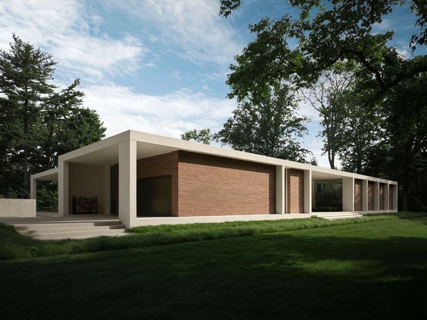 A low, single-storey modern house set within a leafy landscaped site. The building has a strong horizontal composition, flat roof, deep white structural frame, warm brick wall surfaces, and extensive floor-to-ceiling glazing along the right side. A covered entry or terrace projects from the left, with broad concrete steps and paving leading into the lawn.