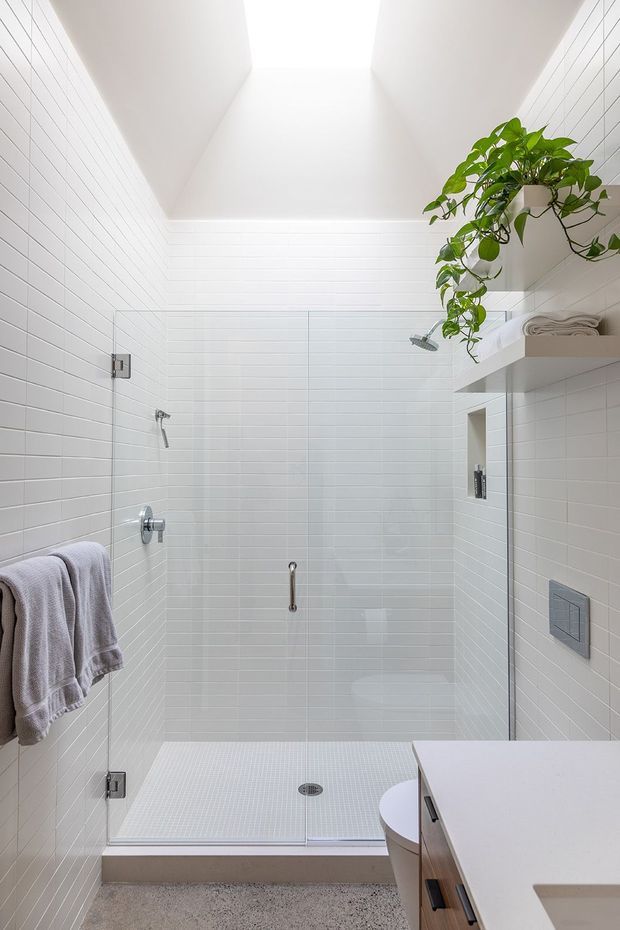 Bright, compact contemporary bathroom featuring a frameless glass walk-in shower with white horizontally tiled walls, a white tiled shower floor, chrome fixtures, a floating vanity with a white countertop, and a recessed shelf holding folded towels and a trailing green plant. A skylight or high clerestory opening provides abundant natural light.