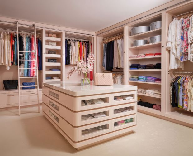 A spacious custom walk-in wardrobe with pale blush-beige built-in cabinetry, open hanging rails, shelving, drawers, and a central island with glass-front storage drawers. Clothing, folded garments, handbags, shoes, and accessories are neatly organised throughout. A rolling ladder provides access to higher hanging storage, while a central floral arrangement and upholstered accessory box add a refined touch.