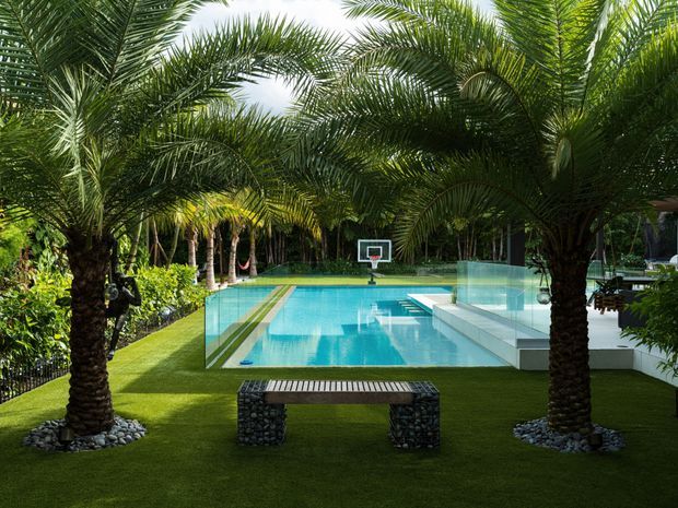 A landscaped outdoor pool area framed by mature palm trees, featuring a clear turquoise swimming pool with glass safety balustrades, white tiled steps and platforms, and a basketball hoop at the far end. A dark stone bench sits on manicured lawn in the foreground, with dense tropical planting surrounding the space.