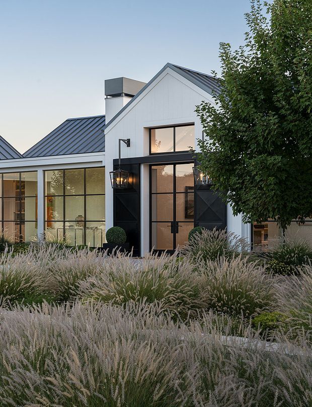 Exterior view of a refined contemporary house with white vertical cladding, dark metal gabled roofs, large black-framed windows, and a prominent glazed entry. Layered ornamental grasses, shrubs, and a mature tree form a landscaped foreground.