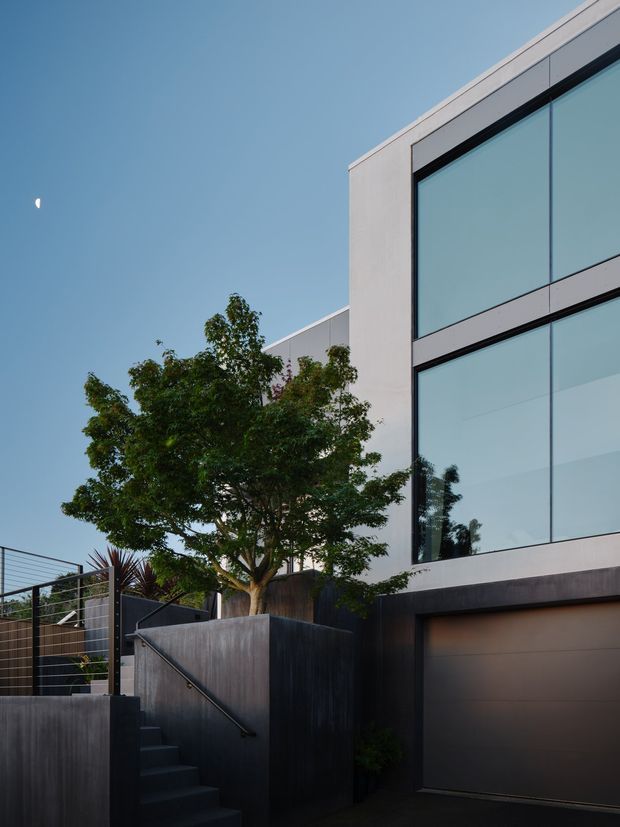 Contemporary multi-level residential facade viewed from the street, featuring large floor-to-ceiling glazed panels, pale rendered or concrete wall surfaces, dark lower-level walls, a flush garage door, and an external stairway with metal balustrading. A mature tree partially screens the entry and garage, with a clear blue sky above.