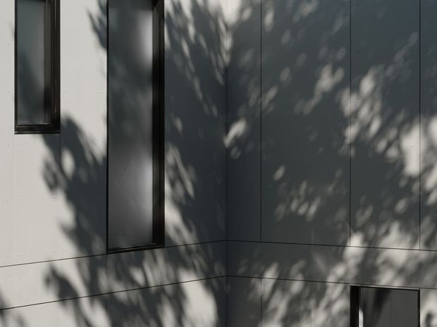 Close-up exterior view of a dark grey, vertically panelled facade with narrow black-framed windows. Strong dappled tree shadows fall across the smooth cladding, emphasizing the crisp geometric panel joints and corner detailing.