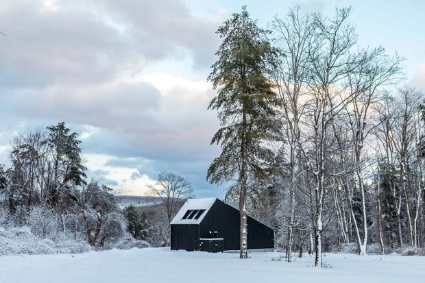 A small dark-clad detached cabin or outbuilding sits in a snowy woodland clearing. The simple steeply pitched roof includes several roof windows, while leafless birch and evergreen trees surround the structure. The scene has a quiet, wintry rural character under an overcast sky.