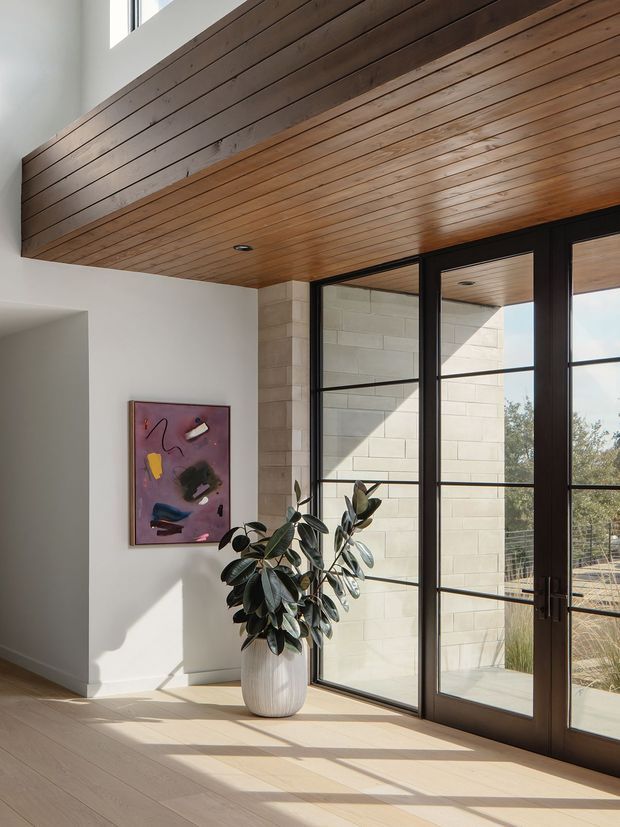 A bright contemporary interior entry or living space with a dramatic slatted timber ceiling and matching deep timber bulkhead. Full-height black-framed glazed doors open toward an exterior area, while pale flooring and white walls create a warm, airy setting. A large potted rubber plant and abstract artwork provide restrained decorative accents.