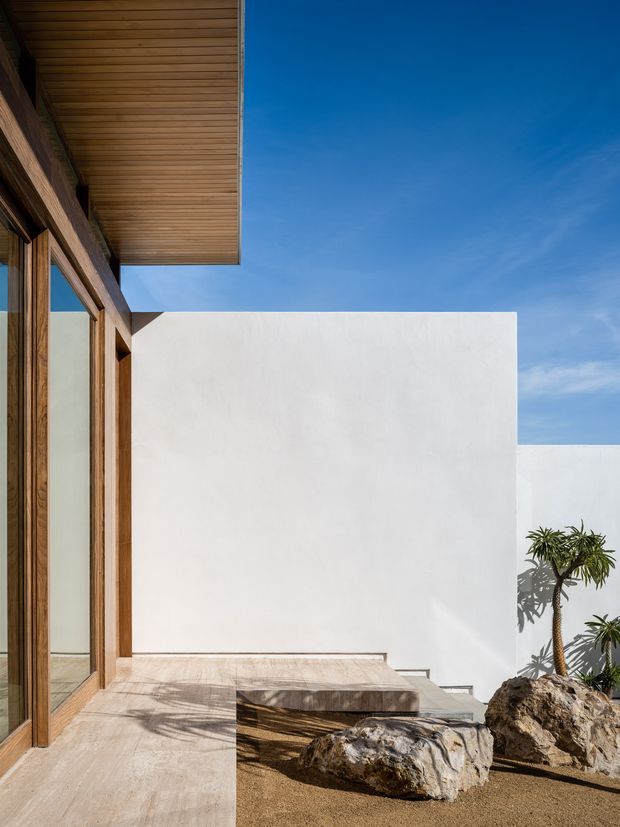 A minimalist contemporary building exterior centred on a pale rendered courtyard wall. The composition features warm timber-framed floor-to-ceiling glazing, a projecting timber-lined soffit, pale stone or concrete paving, and a dry landscaped courtyard with large natural rocks and sculptural palm-like plants. Strong sunlight creates crisp shadows against the white walls, with a clear blue sky visible above.
