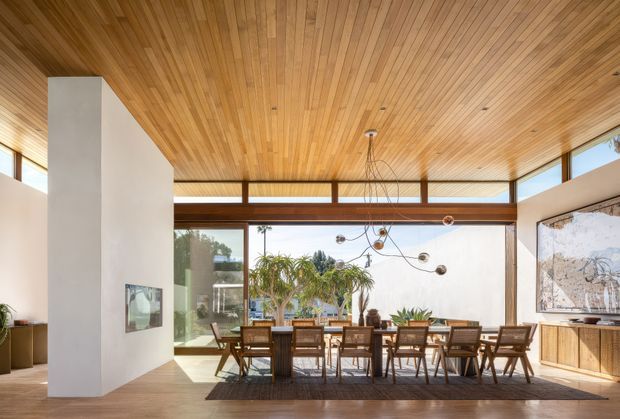 Sunlit open-plan dining and living area with a long timber dining table and multiple wooden chairs positioned beside full-height glazing. The room features a warm timber-lined ceiling and matching timber floor, white plaster walls, a sculptural branching pendant light, and a built-in timber media cabinet with artwork. Indoor planting and views to an outdoor garden are visible through the glazing.