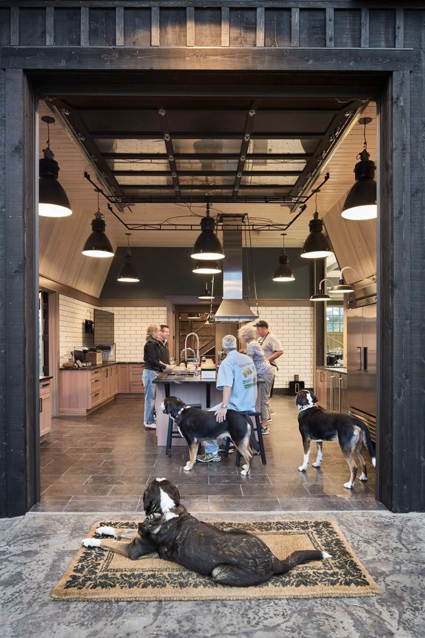 A rustic-industrial kitchen viewed through a wide open dark timber-framed doorway. The room features warm timber wall and ceiling lining, white subway-tile walls, dark cabinetry, stainless-steel appliances, a central island, exposed pendant lighting, and a large roof glazing panel or skylight. People and several dogs occupy the kitchen, while a patterned rug lies at the threshold.