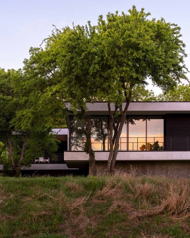 Exterior view of a contemporary low-slung residence partially screened by mature trees and natural grasses. The house features a flat roof, broad floor-to-ceiling glazing, dark window and door frames, a projecting upper-level balcony with slim metal balustrade, and pale rendered or concrete-toned horizontal surfaces. Warm interior lighting is visible through the glazing at dusk.