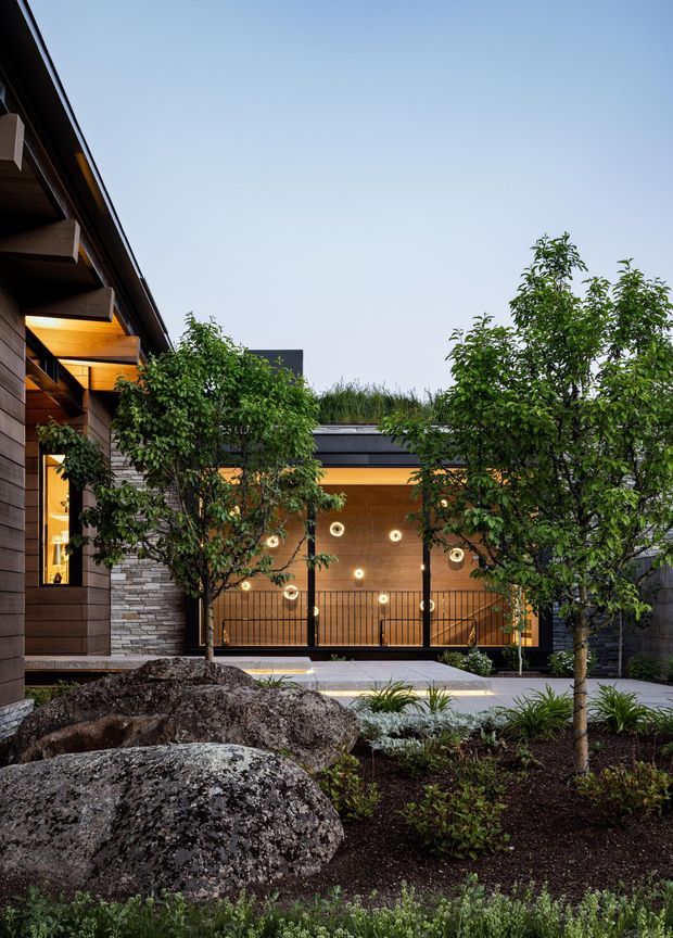 A landscaped courtyard view of a contemporary timber-clad building, featuring large natural boulders, mature leafy trees, ornamental planting, paved paths, and a warmly illuminated glazed entrance or covered outdoor space. The building has strong horizontal lines, dark metal roof elements, timber soffits, stone accents, and a low-profile modern form.