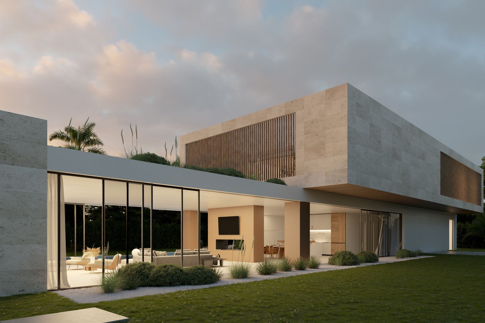 The living area features floor-to-ceiling glass sliders at the front and rear that create a radical sense of openness whether open or closed. When open, boundaries fall away to create a flowing indoor/outdoor experience.