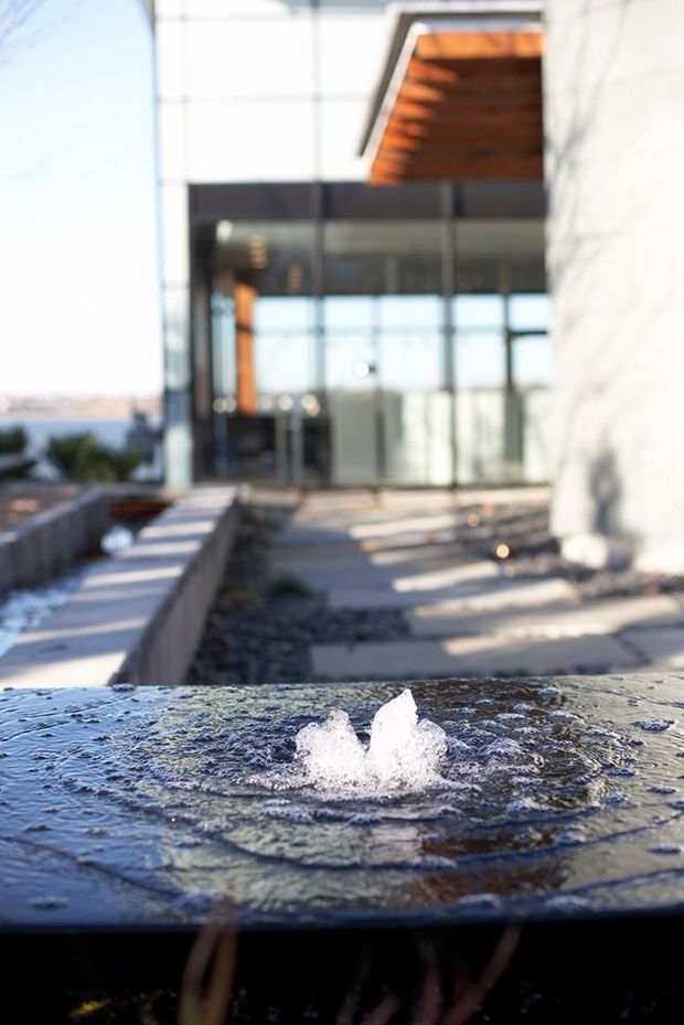 A contemporary building entrance or terrace viewed across a shallow rectangular water feature with a small bubbling fountain in the foreground. The architecture combines extensive floor-to-ceiling glazing, dark metal framing, a pale textured wall, and a warm timber-lined projecting canopy. A paved walkway and low retaining wall lead toward the glass doors, with a distant landscape visible beyond.