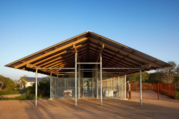 A freestanding open-sided shelter with a broad pitched gable roof and exposed timber rafters, supported by slender metal posts. The structure encloses a wire-mesh animal pen or utility area, with gravel surfacing and fencing around it. The image is an exterior architectural view in warm late-day light, set in a lightly wooded rural or suburban environment.