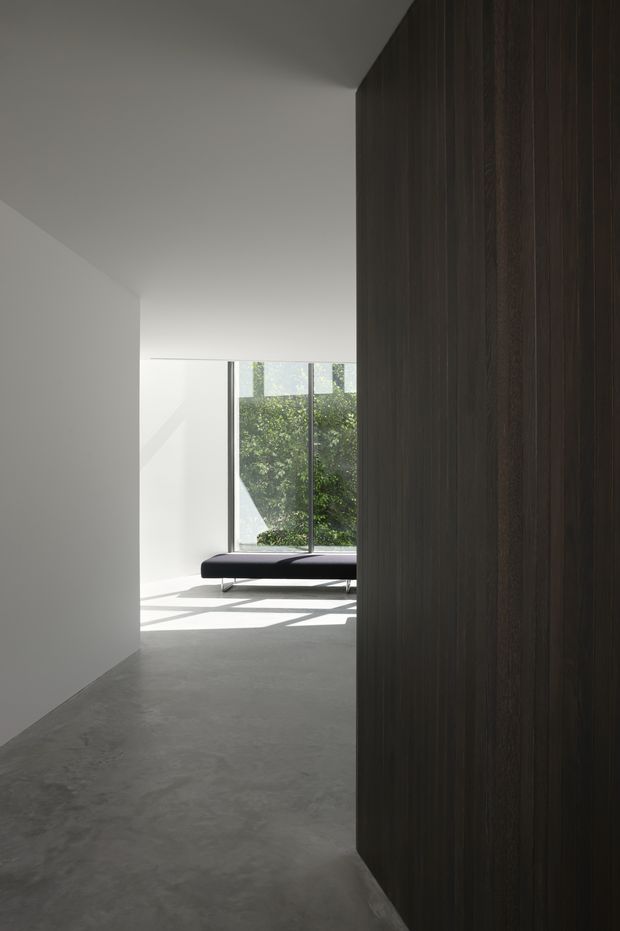 A minimalist interior passage opens toward a bright living area with floor-to-ceiling glazing and a low black lounge. Smooth white walls and a grey concrete floor contrast with a tall dark timber feature wall or built-in joinery panel. Strong natural light creates geometric shadows across the floor, with greenery visible outside.