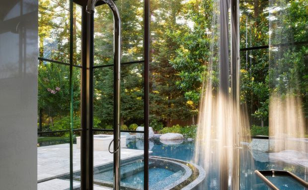 Interior view through full-height glazing and a glass door toward a compact outdoor swimming pool surrounded by dense greenery. The scene features dark slender window and door frames, reflective glass, pale paving, and curved pool edges, with a calm, nature-connected atmosphere.