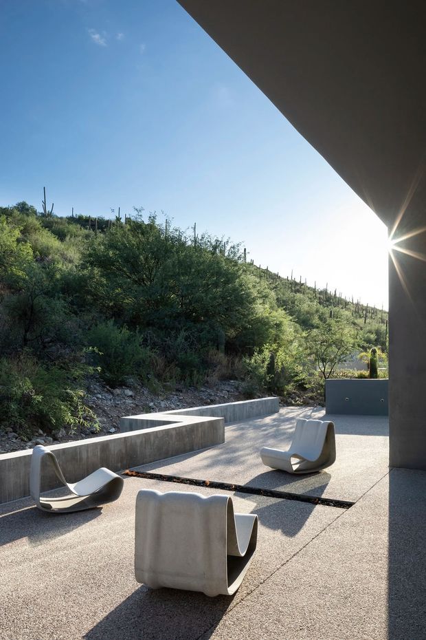 A sunlit outdoor terrace beside a minimalist concrete building, furnished with sculptural white lounge chairs. The terrace overlooks a dry, densely vegetated hillside with tall columnar cacti, and strong late-afternoon sunlight creates deep architectural shadows. The scene has a restrained modern desert aesthetic with concrete retaining walls and paving.