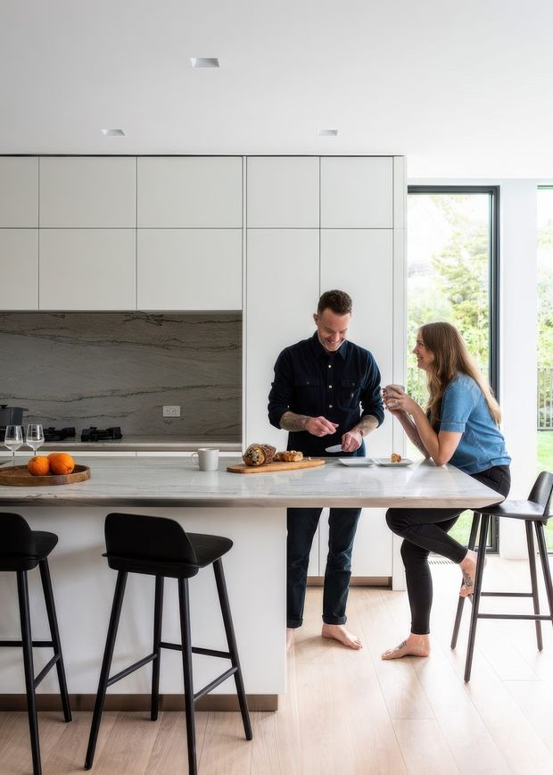 Bright contemporary kitchen with a large pale stone island and integrated seating, full-height light cabinetry, a grey veined stone splashback, and dark-framed glazing opening to greenery outside. Two people are preparing food at the island, with black bar stools in the foreground and light timber flooring throughout.