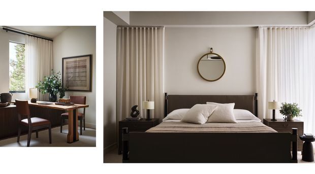 A refined bedroom scene with a dark wood platform bed, neutral bedding, matching bedside tables and lamps, sheer floor-to-ceiling curtains, and a round wall mirror. A smaller adjoining image shows a coordinated desk and chair workspace beside a window, with framed artwork and a potted plant. The overall look is calm, neutral, and contemporary with dark timber accents.